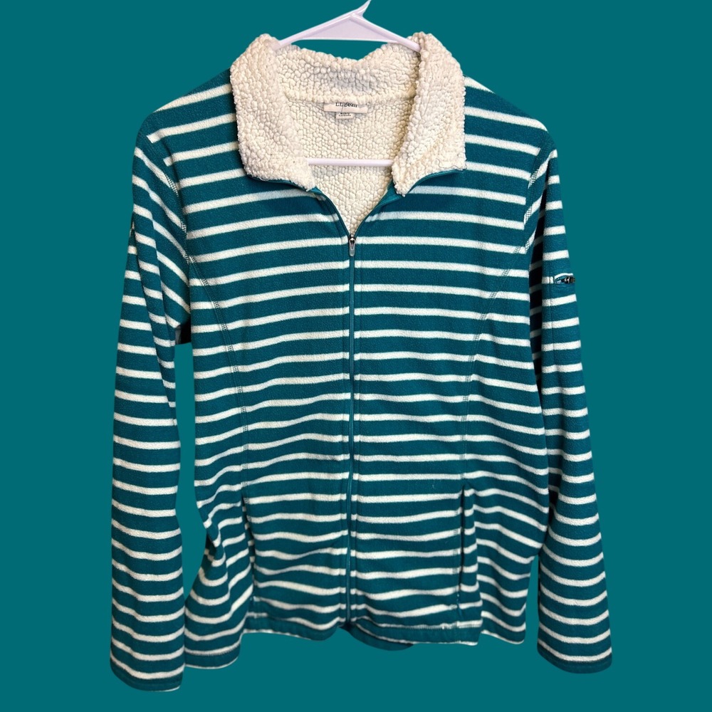 LL Bean Jacket Womens L Blue Striped Sherpa Collar Full Zip Fleece Pockets